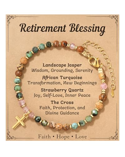 HGDEER Crystal Beaded Cross Blessing Bracelet for Women Retirement Gifts, Natural Stone Jewelry with Blessing Card for Retired Coworker Friend Mom