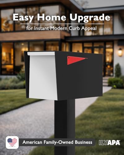 Image of Ilyapa Modern Mailbox for Post Mount - Black with White Door Powder Coated Steel, Waterproof Letter Box for Parcels, with Recessed Magnetic Close Door