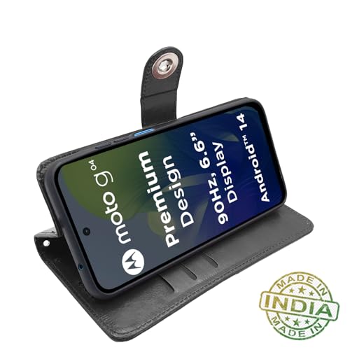 Image of Pikkme Moto G04 Flip Cover Leather Finish | Inside TPU with Card Pockets | Wallet Stand and Shock Proof | Complete Protection Button Flip Case (Black)