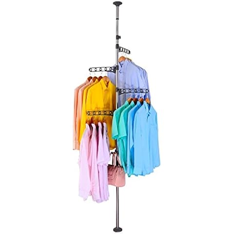 BAOYOUNI 4-Tier Standing Clothes Laundry Drying Rack Coat Hanger Organizer Floor to Ceiling Adjustable Metal Corner Tension Pole, Grey Cover