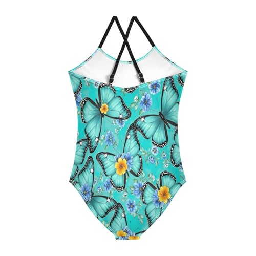 Kids Swim Suits Beach Bathing Suit 3-10 Y with Adjustable Shoulder Strap, Turquoise Butterflies Flowers Wings2