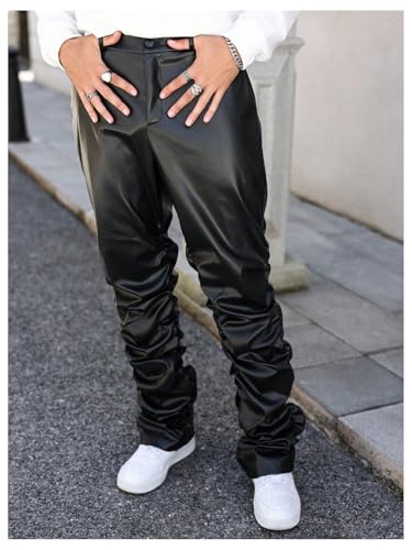 SHENHE Men's PU Leather Stacked Pants Straight Leg Ruched Hip Hop Streetwear Pants Trousers4