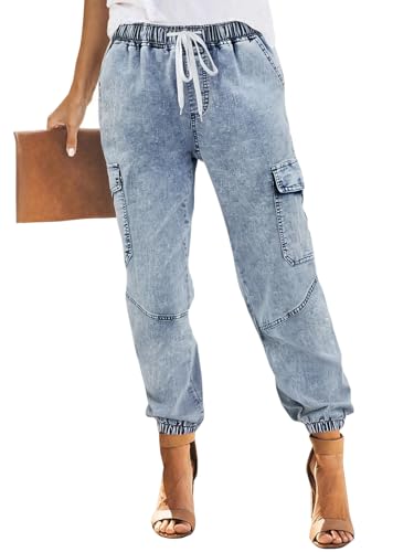 Women's High-Waisted Denim Joggers – Stretchy Drawstring Waist, Tapered Leg Pants (Plus
