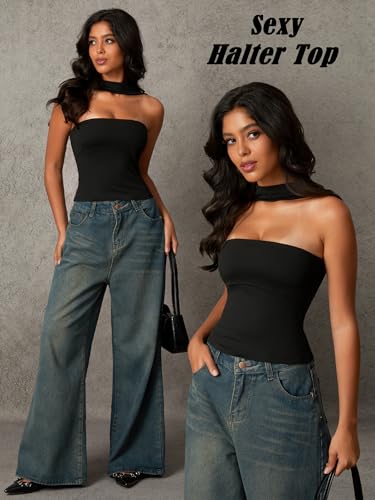 Strapless Halter Tube Top Backless Going Out Tops for Women Cute Club Rave Top Off Shoulder Open Back Bandeau Shirts2