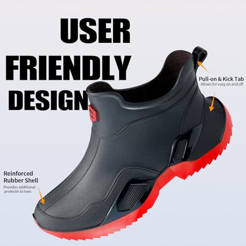 Short rain boots women waterproof deck boots for men ankle fishing boot comfortable garden work shoes lightweight chelsea boot for Boating Camping Sailing black&red4