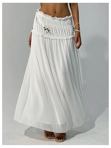 WDIRARA Women's Drawstring Side Elastic Waist Flowy Maxi Skirt Frill Trim Flared Long Dress2