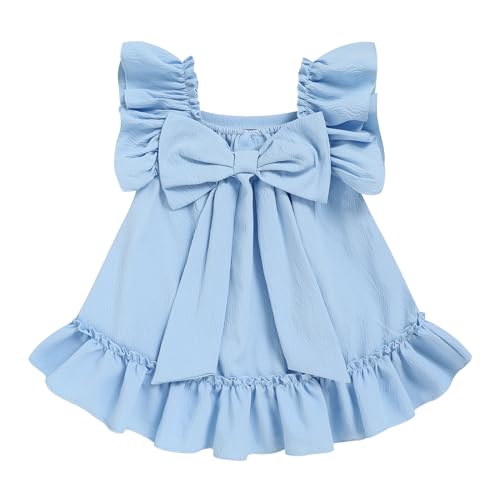 Sinhoon - Toddler Girl Flutter Sleeve Dress with Back Bow - Casual Outfit for Girls, Blue, 12-18M - Best Deal on Amazon