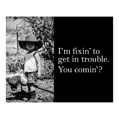 Image of I'm Fixin to Get In Trouble - Funny Wall Art, Cowboy Kid With Stick Horse Sign Wall Decor Art Print, Home Decor, Bedroom Decor, or Living Room Wall Decor, Studio Decor, Office Decor Unframed - 10x8