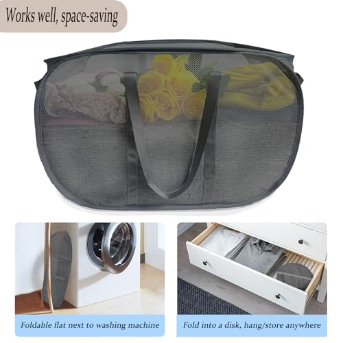 Image of Extra Large Mesh Pop Up Laundry Hamper 2 Pack,100L Collapsible Laundry Baskets, Dirty Clothes Hamper with Reinforced Handles, Folding Hampers for Travel, Nursery, Dorm or Home. Black