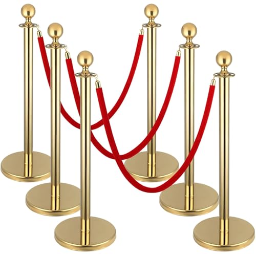Yeatruojeet 6 PCS Stainless Steel Stanchion Post,5Ft Red Velvet Rope, Hollow Base and Velvet Ropes Safety Barriers Set, Poles Crowd Control Barriers for Red Carpet Themed Decoration (6)