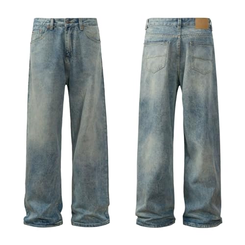 Jeans Pants Trousers Denim Trendy Washed Blue Grinding Fading Casual Commuter Straight Leg for Men 6