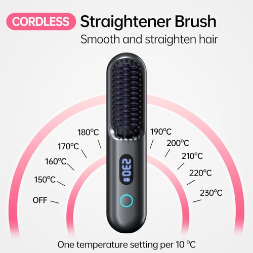 Image of Cordless Hair Straightener Brush-Portable Straightening Comb, 9600mAh Batt, Plasma Tech, 9 Temp-Settings & LED Display, for Travel & Home -Grey
