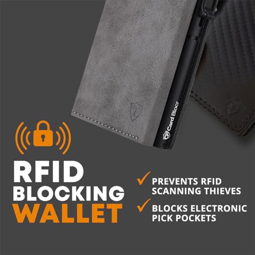 Image of Conceal Plus Smart Pop Up Wallet for Men | RFID Blocking Slim PU Leather Card Holder | Card Ejector Front Pocket Wallet | Holds 4-6 Cards + Cash | Gray & Black PU Leather