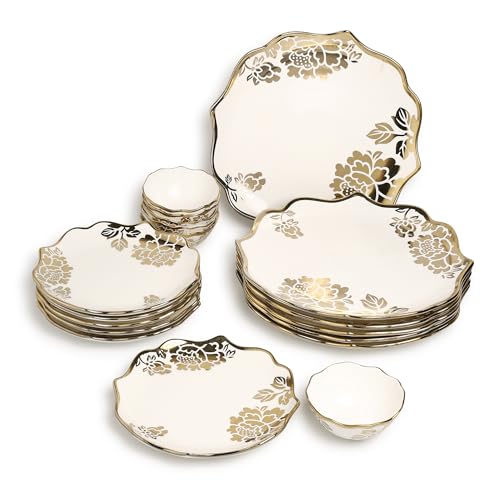 Image of Timeless Elegance Gold Plated 18 Piece Dinner Set for 6 | Premium White & Gold Porcelain Crockery Set with Scalloped Rim | 6 Dinner Plates, 6 Quarter Plates & 6 Veg Bowls (DSS03)