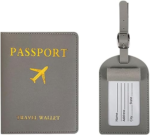 Image of House of Quirk Luggage Tag and Passport Protector Set, Plane Pouch Passport Suitcase Identification Leather Tag Luggage Tags for Children School Bag (Grey)