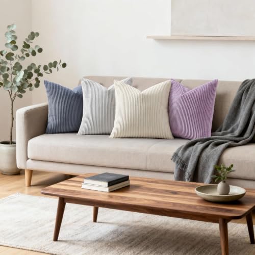 Image of Mecatny Corduroy Decorative Throw Pillow Covers 24x24 Set of 2 for Sofa Living Room, Soft Neutral Boho Couch Pillow Covers for Home Decor, Lilac