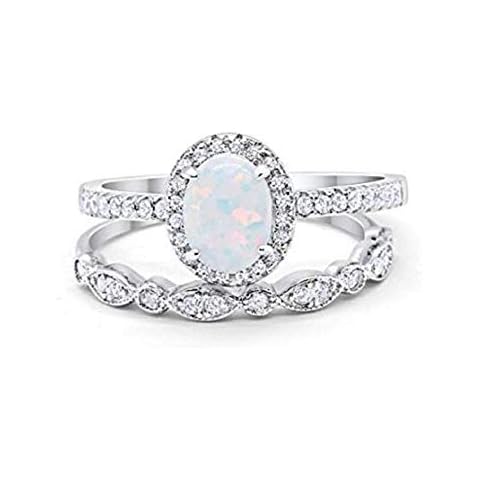 Blue Apple Co. Halo 2-Piece Art Deco Wedding Engagement Bridal Set Ring Band Oval Created White Opal Round Cubic Zirconia 925 Sterling Silver, Size-7 Cover