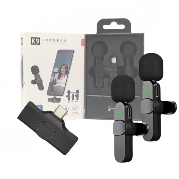 Microfone Condensador Duplo de Lapela Wireless Tipo C sem Fio 2.4GHz K9-TC-2IN1, Preto,
