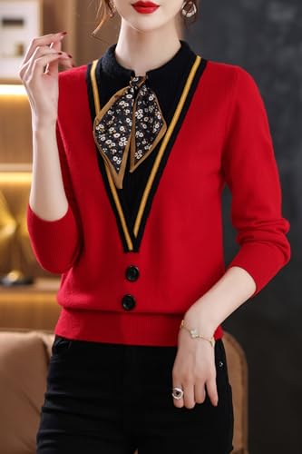 LAI MENG FIVE CATS Women's Fall Tie Neck Sweater Shirt Long Sleeve Patchwork Knit Pullover Blouse Tops2