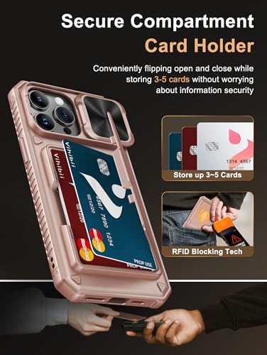Image of Vihibii for iPhone 14 Pro Max Back Cover Wallet with Card Holder (4 Cards) [RFID Blocking] & Slide Camera Cover, Military Grade Drop Protection, Rugged Back & Silicone Edge Phone Case 6.7 inch, Rose Gold