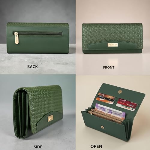 Image of ALSU Premium Vegan Leather Women's Wallet Black | Elegant Clutch Purse with 6 Card Slots, 3 Main Compartments & Phone Pocket | Designer Wallet for Everyday Use (Green)
