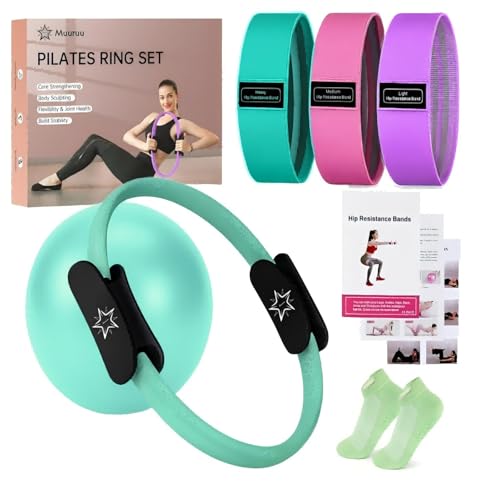 Muuruu Pilates Essentials Kit for Home Women, Ring and Ball Set, Pilates Equipment for Workouts, 3 Resistance Bands, Grip Socks, 14 Inch Magic Circle, Mini Exercise Ball, Great Exercise Equipment