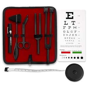 ASA TECHMED Premium 7 Piece Tactical Black Diagnostic Kit – Taylor Hammer, Measuring Tape, Tuning Forks, Bandage Scissors, Pupil Gauge Penlight, Snellen Eye Chart (Black)