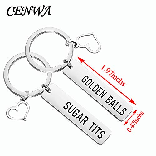 Image of CENWA Funny Couples His and Her Keychain Set Golden Balls Sugar Tits Anniversary Wedding Jewelery Inappropriate Jewelery (golden balls sugar tits K)