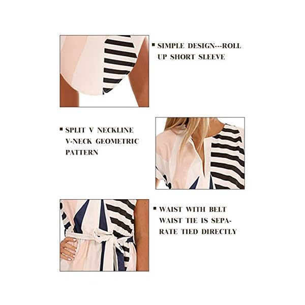 TEMOFON Women's Dresses Summer Floral Geometric Pattern Short Sleeve Midi V-Neck Casual Dress with Belt Apricot L