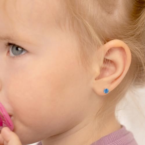 925 Sterling Silver 4mm Cubic Zirconia Screw Back Solitaire Earrings for Toddlers, Young Girls, and Teens - Classic and Elegant Blue CZ Prong Set Screw Back Earrings - Lightweight Studs3