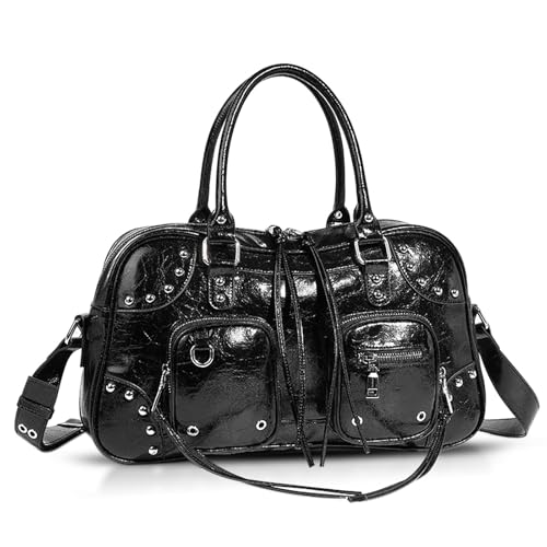 Bolso tote para mujer, bolso de hombro de cuero vintage brillante, bolso cruzado de gran capacidad, bolso de mano adecuado para ocasiones importantes, trabajo y viajes (negro) miniatura 1