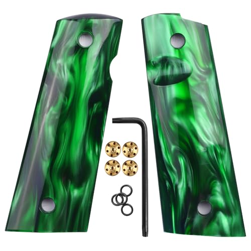 Cool Hand 1911 Grips for Full Size, Magwell Cut, High Polished Synthetic Pearl, Gold Screws Included, Ambi Safety Cut, Green