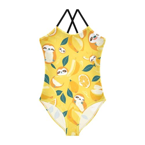 KLL Cute Sloths on Yellow Lemons Girls 1-Piece Swimsuit Beach Swimming Suits Adjustable Shoulder Strap Quick Dry