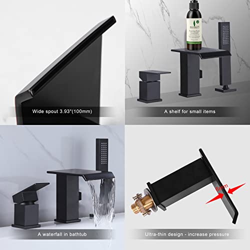 Niitawh Waterfall Roman Tub Faucet With Hand Shower Matte Black High Flow Bathtub Faucet 3 Hole Widespread Tub Filler Deck Mount Solid Brass thumb #3