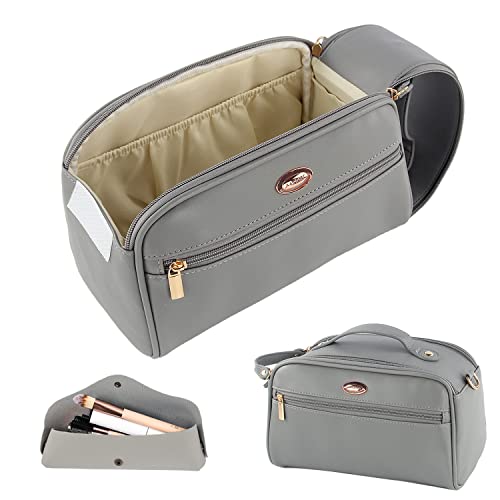 M MUNCASO Kulturtasche Damen, Kosmetiktasche Groß PU Leder wasserdichte Reise Kulturbeutel zum Aufhängen Waschtasche mit Kosmetisches Federmäppchen für Damen Herren Mädchen (Grau) Cover