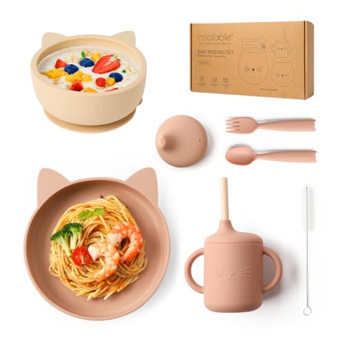 Coolable Vajilla de Silicona para Bebés - Conjunto de Alimentación para Bebés de Silicona con Tazón y Plato con Ventosa, Vaso de Entrenamiento, Tenedor y Cuchara - Rosa Pálido