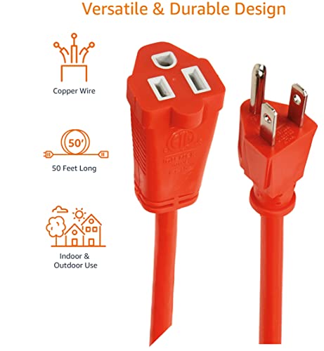 Image of Amazon Basics 50-Foot 3-Prong Indoor /Outdoor Extension Cord, Heavy-Duty, 13 Amps, 1625 Watts, 125 VAC, Orange