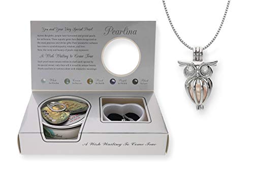 Pearlina Sterling Silver Owl Necklace Cage Cultured Pearl in Oyster Wish pearl Set 18"3