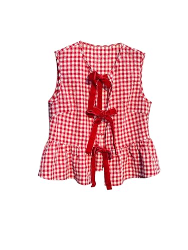 SweatyRocks Women's Bow Sleeveless Peplum Blouses Tie Front Gingham Plaid Summer Ruffle Hem Shirts3