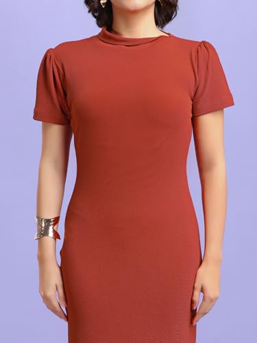 Image of PURVAJA Women's Bodycon Midi Short Sleeve High Neck Solid Dress