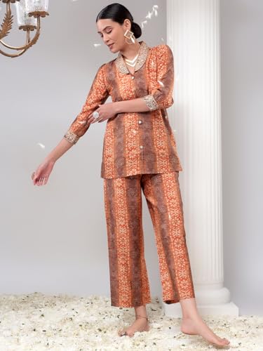 Image of Bani Women Printed Co-ord Set, Shirt and Trouser Set 2 Piece Outfit, 3 /4 Sleeves V Neck Collor with Mirror Work, Coord Sets for Womens,Western Dress, Stylish Design for All Occasions