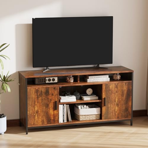 ELUCHANG Mueble de TV, Mesa de TV para Salón, con Estantes Ajustables, para Televisores de hasta 65 Pulgadas, Estilo Industrial, 140 x 40 x 71 cm, Marrón Rústico y Negro