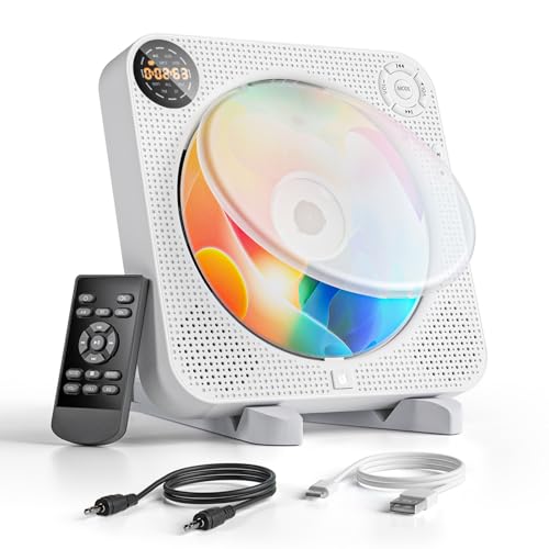 CDプレーヤー Bluetooth CDラジカセ 壁掛け＆卓上式 スピーカー内蔵 A-Bリピート再生 2000mah充電池内蔵 USB/TFカード対応 AUX接続可能 音楽再生/語学学習/胎児教育 防塵カバー搭載 リモコン付き