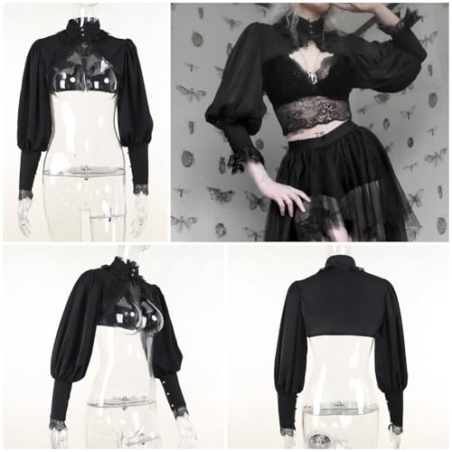 Image of Women Gothic Crop Top Shirt Y2K Black Bell Sleeve Shawl Cardigan