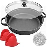 MXWLEIEL Cast Iron Skillet - Flat Bottomed Frying Pan with Assist Handles,Round Tempered Glass Lid, Cast Iron Scrubber,Silicone Oven Mitts for Stovetop,home baking ﻿ (11.8 inch)