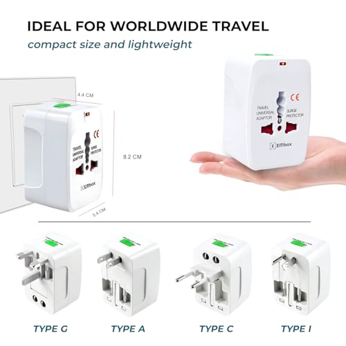 Image of EMBOX Universal Charger Adapter 240 AC Wall Charger 6 A Universal Travel Adapter All in One International Ports for USA EU UK AUS Supports 150+ Countries Smart Phone, Laptops, Cameras, Pack of 1