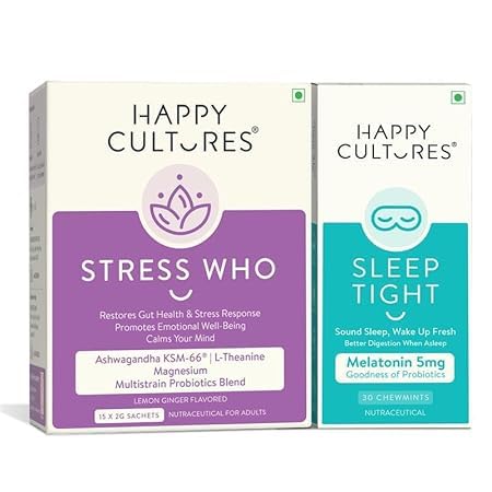 Image of Happy Cultures Stress Who| Ashwagandha KSM66, Magnesium, Probiotics & L-Theanine| Anxiety & Stress Relief For Men & Women |Supports Relaxation & Gut-Brain axis| Brain Health & Improves Sleep| Lemon & Ginger Flavored - 15 x 2g (Sachets) (15 Sachet + 30 Chewmints)
