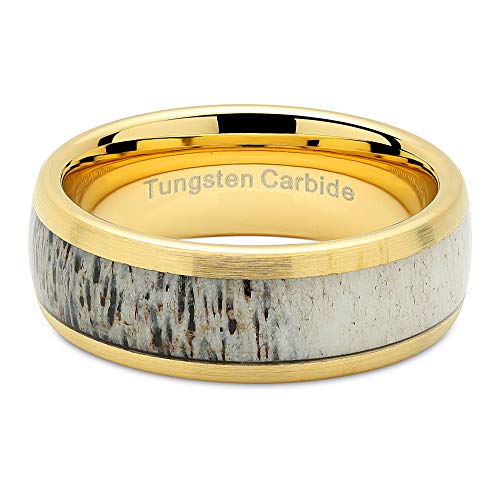 100S JEWELRY Tungsten Rings for Men Gold Wedding Band Antler Inlaid Dome Edge Matte Finish Size 8-164