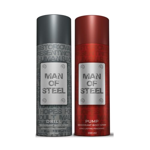 Image of Denver MAN OF STEEL Drill & Challenge Deodorant Body Spray - 200ML Each, Pack of 2 | Deodorant For Men