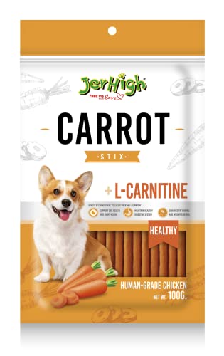 JerHigh Human Grade High Protein Chicken, Fully Digestible Healthy & Training , Free from by-Products & Gluten, Carrot Stick for All Life Stages Dog (4 X 100g) Sold by Dogs N Cats